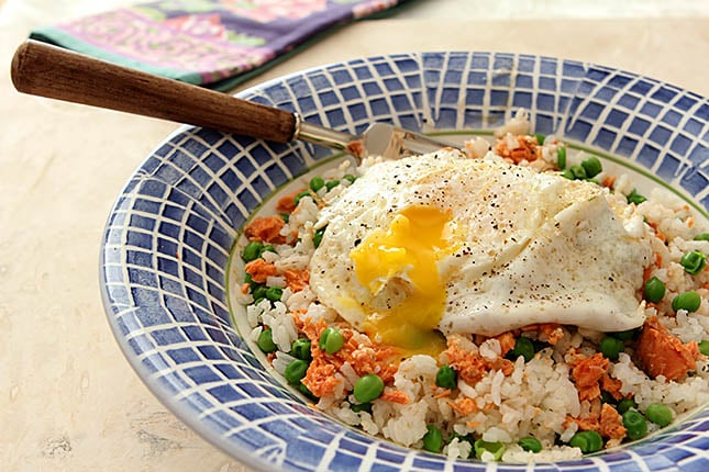 Salmon and Rice Egg Bowl with Garden Peas
