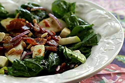Spinach Salad with Mozzarella, Pears, Pine Nuts and a Warm Honey, Mustard and Bacon Dressing