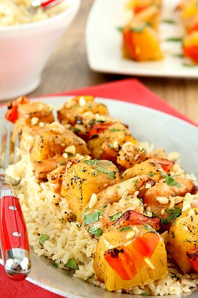 Thai Peanut Shrimp Skewers with Pineapple and Red Peppers