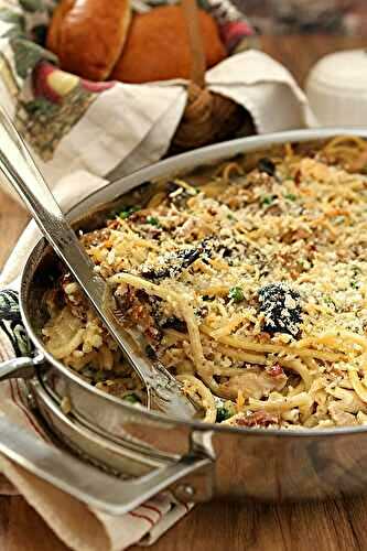The Best Turkey Tetrazzini with Mushrooms, Bacon, Garlic and Herbs