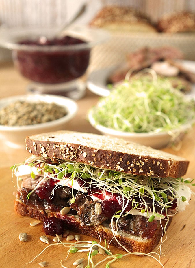 Turkey, Cranberry and Cream Cheese Sandwich with Sprouts and Sunflower Seeds