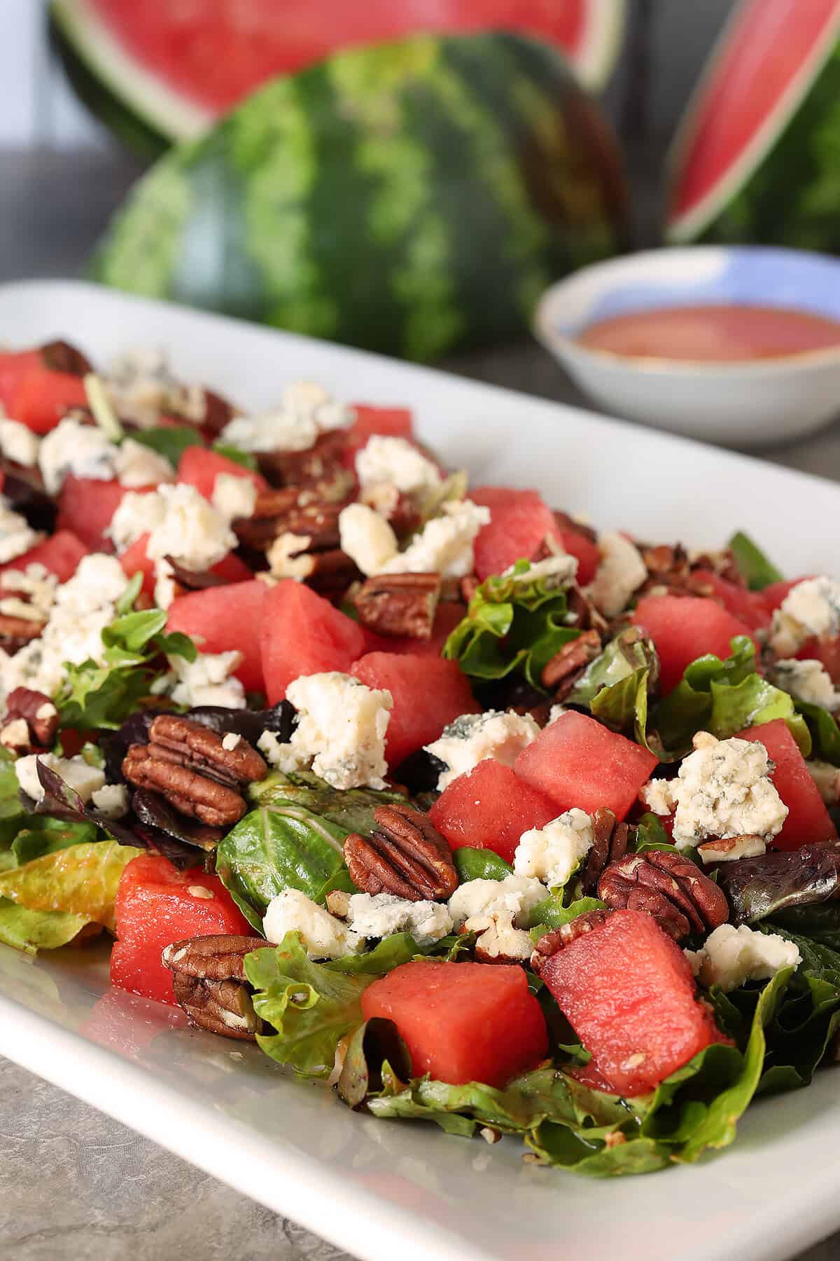 Watermelon Salad with Toasted Pecans and Gorgonzola Cheese