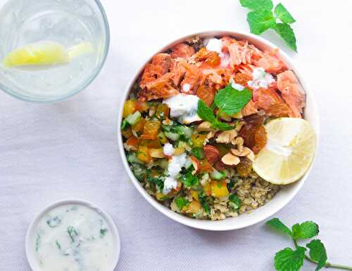 Mediterranean Salmon and Cauliflower Rice Bowl - Dreamy Table