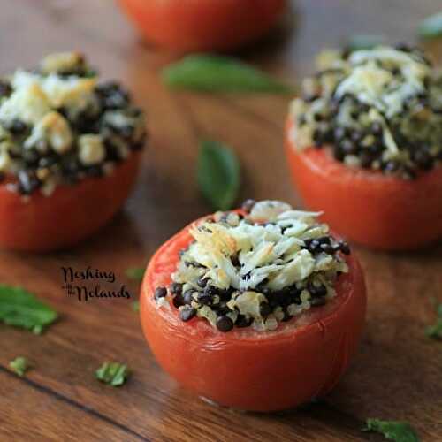 Greek stuffed tomatoes with quinoa and black lentils