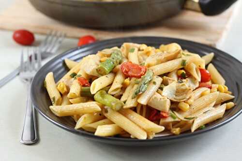 Veggie pasta with artichokes and asparagus