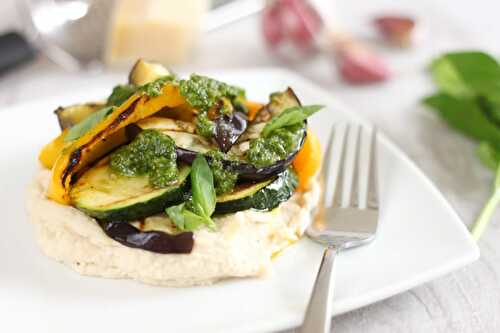 White bean mash with griddled vegetables and pesto