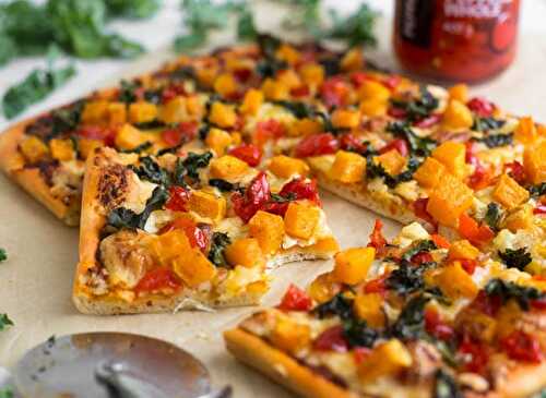 Spicy butternut squash pizza with crispy kale