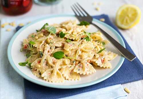 Creamy Peppadew pasta with watercress and pine nuts