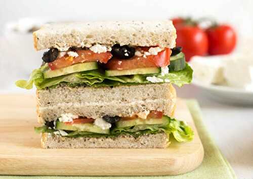 Greek salad sandwich with black olive hummus