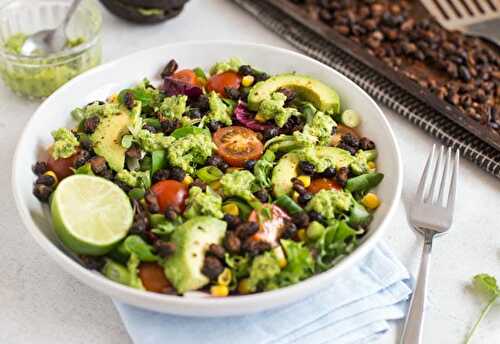 Roasted black bean taco salad with avocado lime dressing