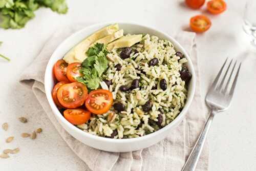 Mexican rice with cilantro pesto and black beans
