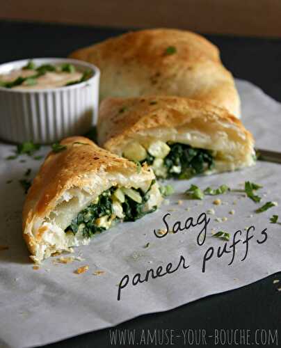 Saag paneer puffs with mango dipping sauce
