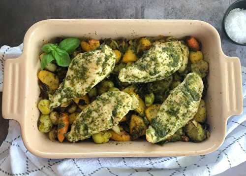 Carrot Greens Pesto Chicken with Roasted Vegetables