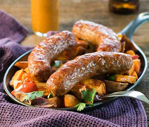 Baked Italian Sausage, Sweet Potatoes, Peppers, and Onions