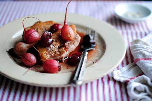 Roasted duck with braised radishes & cherries