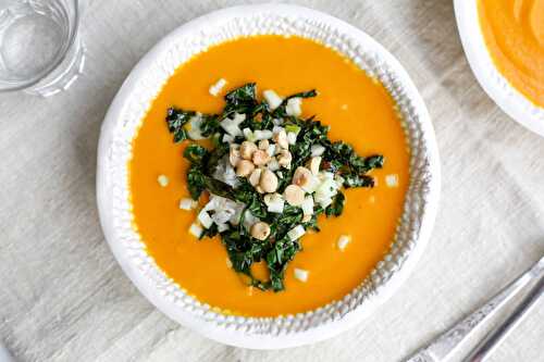 Curried Sweet Potato Soup Bowls with Frizzled Greens, Apples & Peanuts (Vegan)