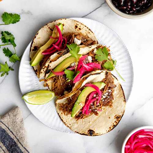 Easy Slow Cooker Carnitas with Quick Pickled Red Onions