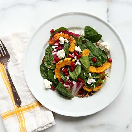Maple-Roasted Delicata Squash Salad with Goat Cheese & Pomegranate Seeds