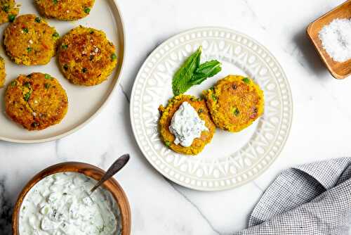 Curried Millet Cakes with Cucumber Mint Raita
