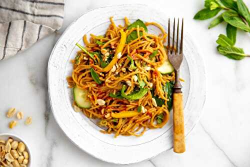 Cold Peanut Noodle Salad with Cucumbers, Spinach & Mint (Gluten Free, Vegan)