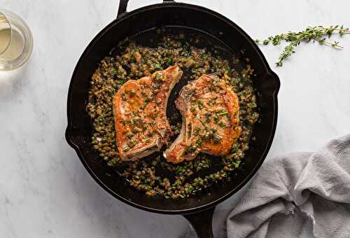 Pan Seared Cast Iron Pork Chops with Shallot Caper Sauce