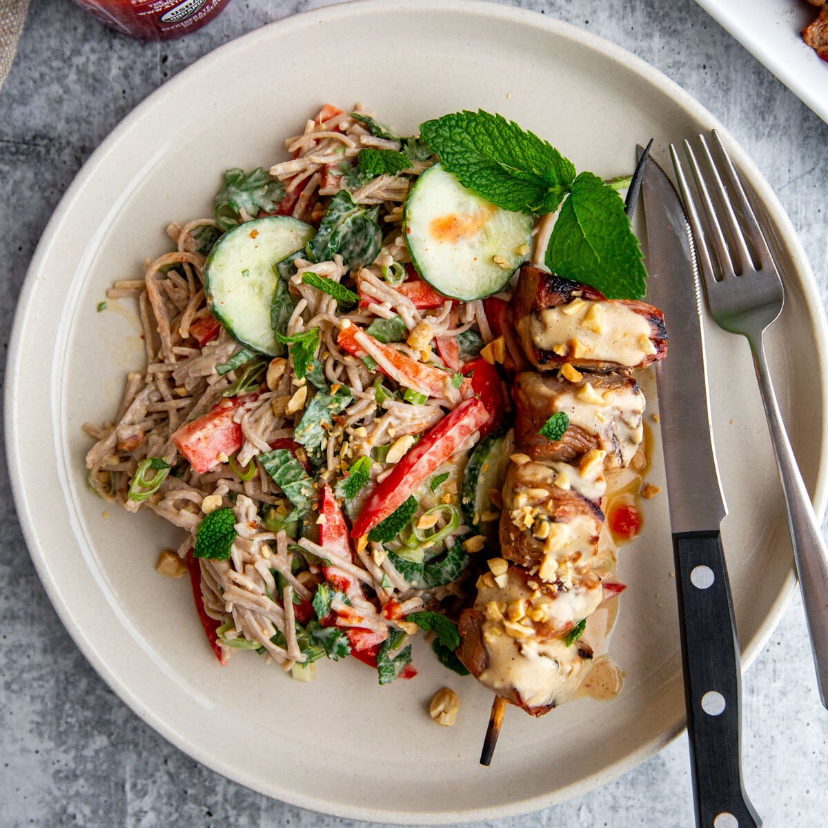 Juicy Marinated Pork Kebabs (with Peanut Noodle Salad)