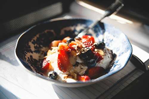Yogurt and fruits breakfast. Berries and Flakes - Gluten Free Indian
