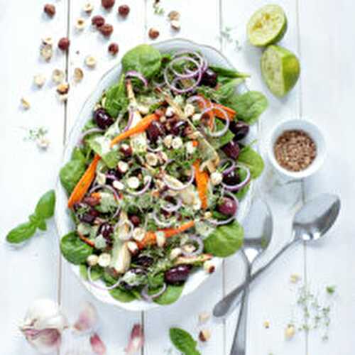 Carrot and Parsnip Salad with Tahini and Roasted Garlic Dressing