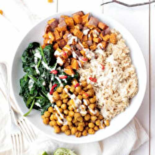 Brown Rice Bowl w/ Chickpeas, Spinach & Sweet Potato 