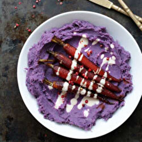 Mashed Purple Sweet Potatoes with Smokey Glazed Carrots