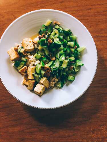 Garlic-Orange Tofu and Peanut Cucumbers with Rice