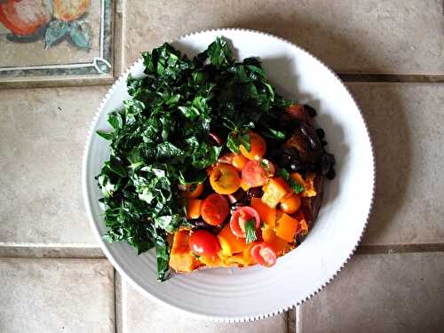 Roasted Sweet Potatoes, Black Beans, Tomatoes, Cumin + Kale