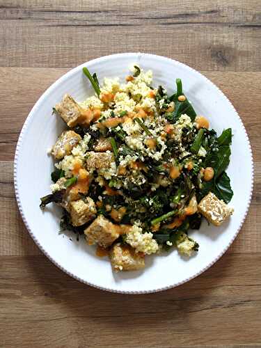 Sprouting Broccoli, Za’atar, Tempeh, + Harissa Yogurt