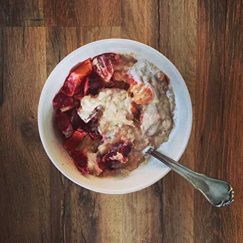 Superseed porridge with rhubarb, blood oranges + tahini