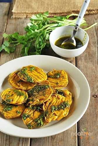 Baked Potato Pakoras with Cilantro Sauce - Healthier Steps