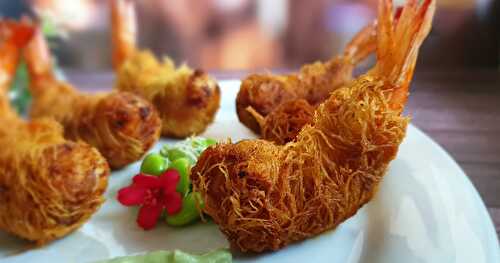 KUNAFA PRAWNS with WASABI SAUCE and EDAMAME SALAD