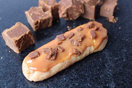 Caramel eclairs with peanut butter fudge and amaretto Chantilly cream