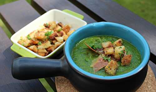 Spinach gazpacho with ham ‘crisps’ and butter croutons