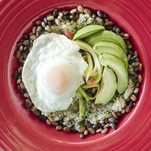 Power Breakfast Bowl With Green Quinoa, Tepary Beans, Avocado and Egg