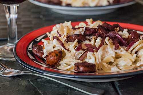 Red Wine Sausages With Creamy, Cheesy Noodles - Recipes - Jackie Alpers