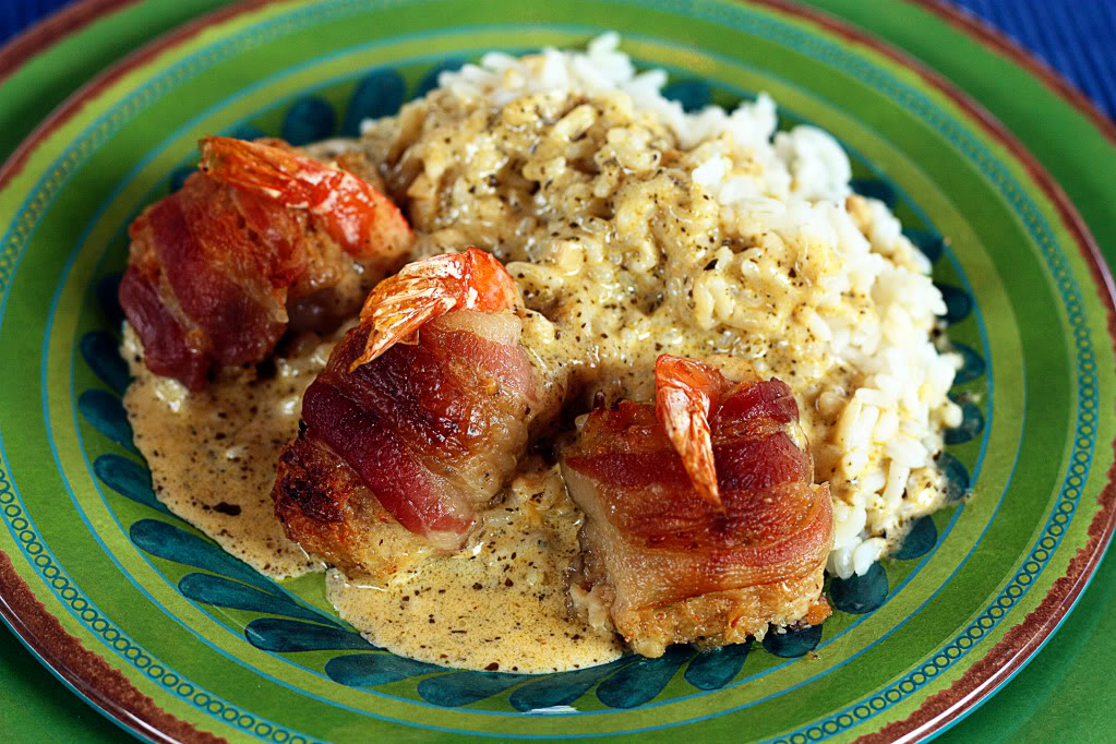 Bacon Wrapped Crab Cake Stuffed Shrimp with a Creamy Pesto Sauce