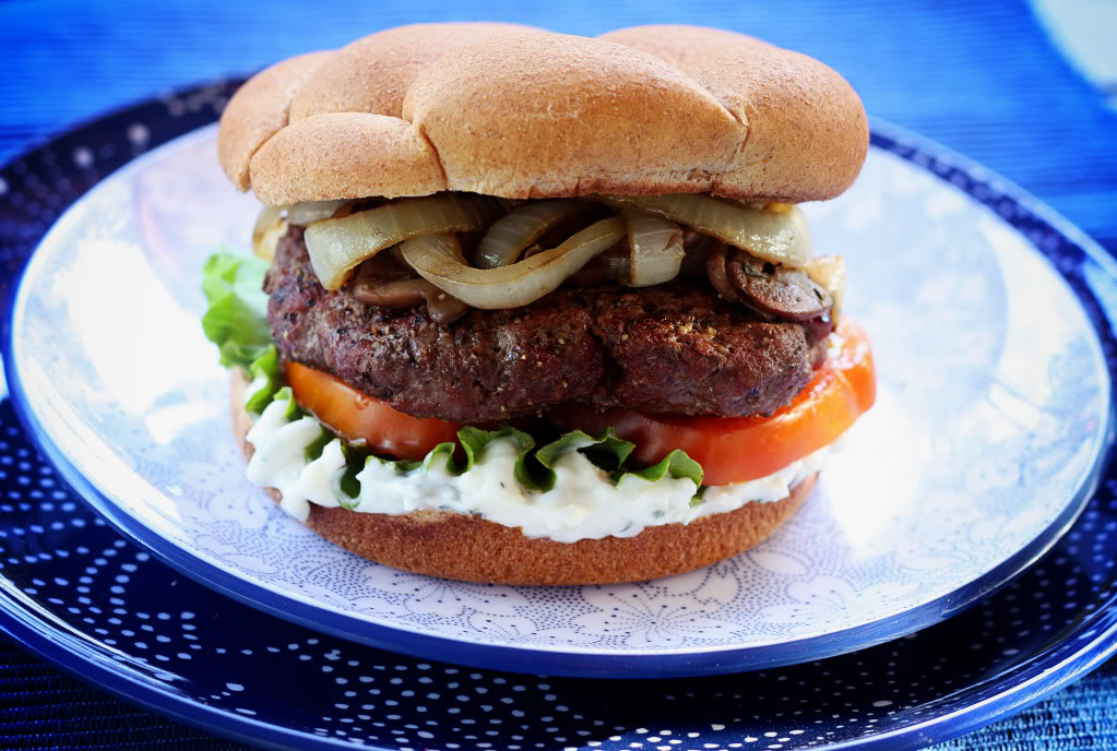 Burgers with Blue Cheese Mayo and Sherry Vidalia Onions