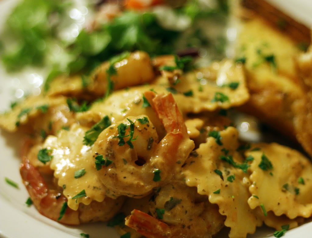 Pan Seared Shrimp & Four Cheese Ravioli with Vodka Cream Sauce