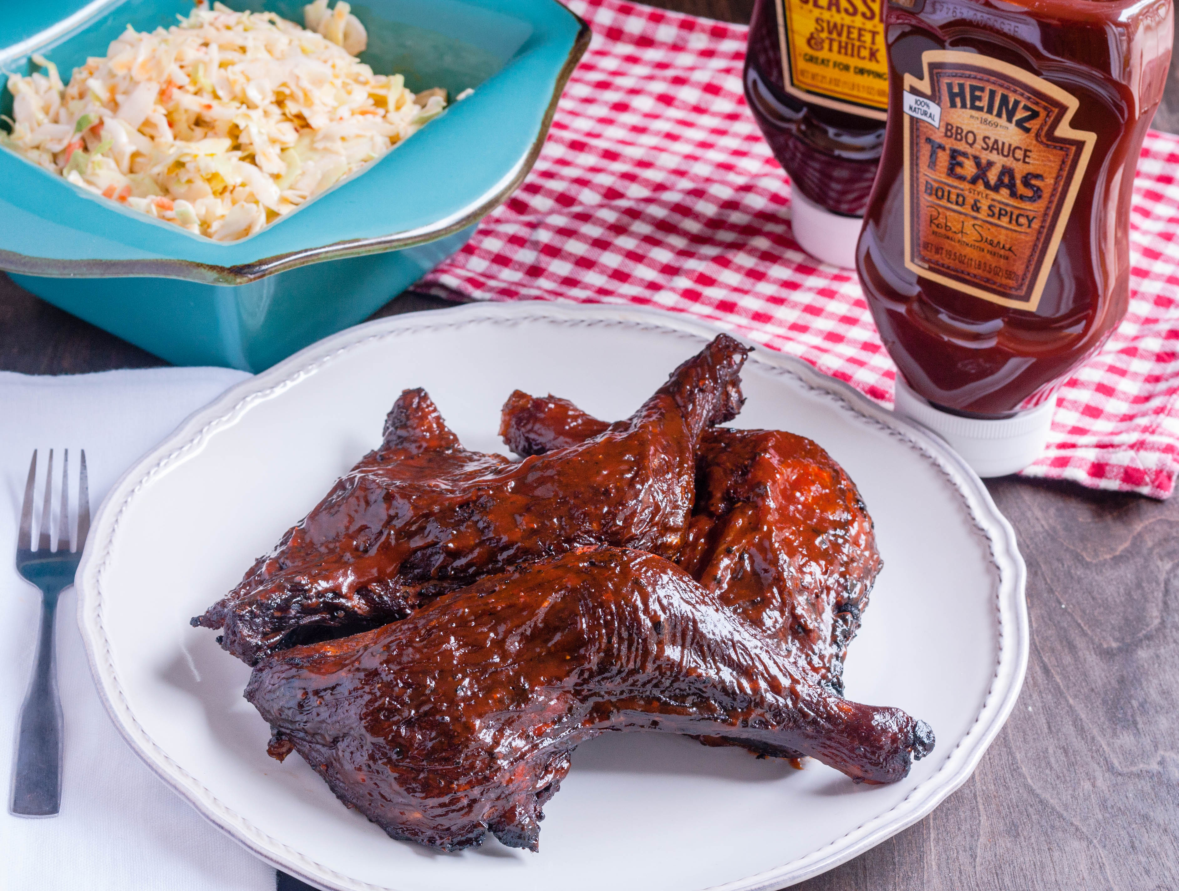 Smoked Chicken Leg Quarters with Heinz BBQ Texas Bold & Spicy BBQ Sauce