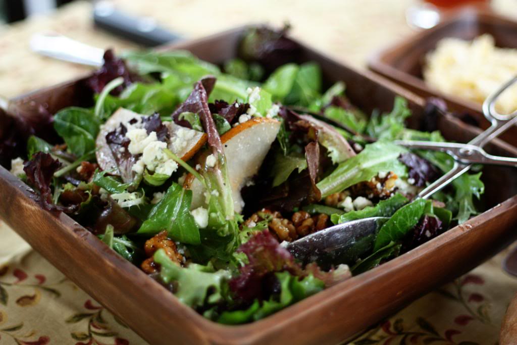 Spring Greens with Pears, Sugared Walnuts & Gorgonzola