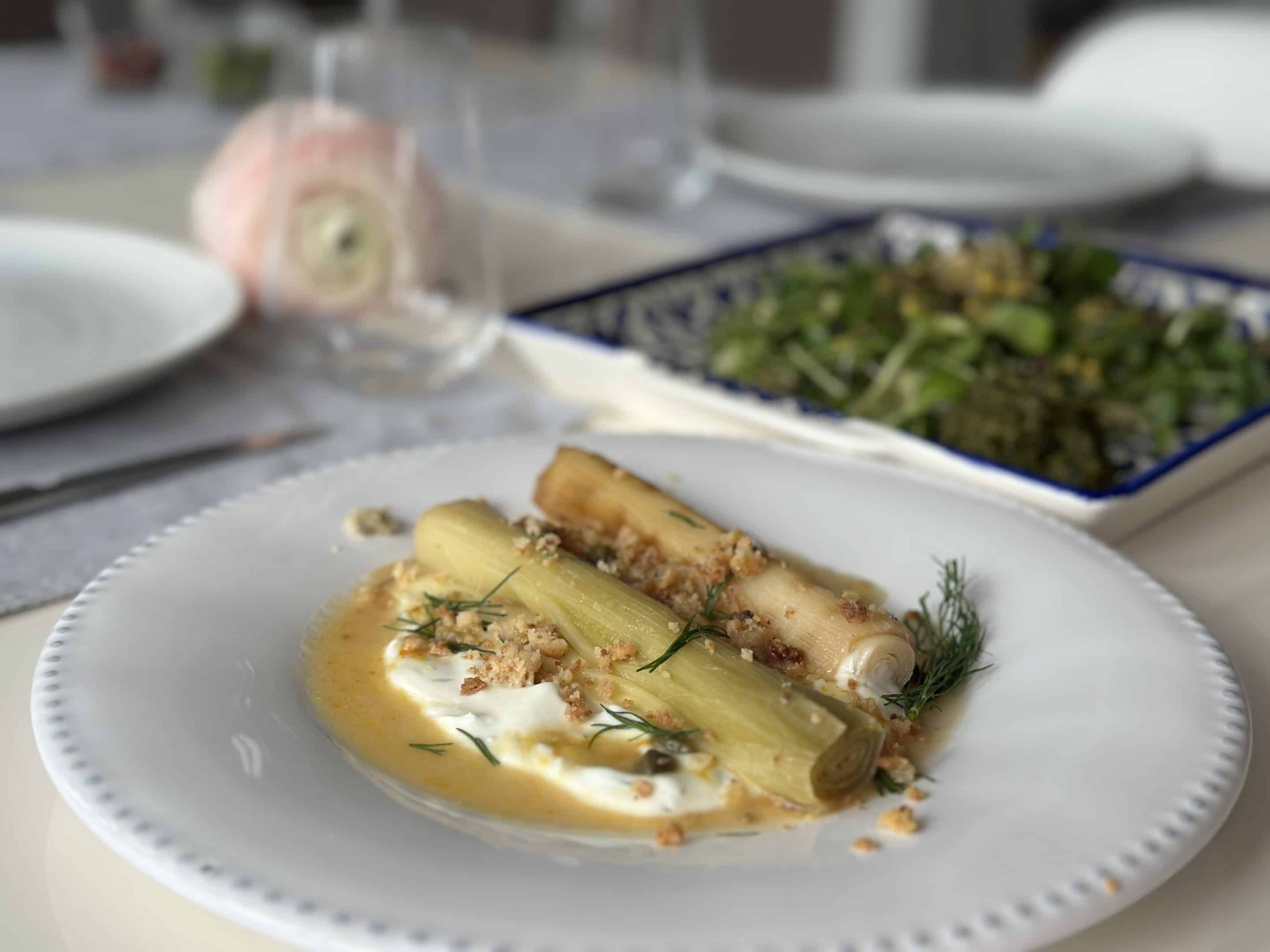 ORANGE GLAZED LEEKS, DILL LABNEH