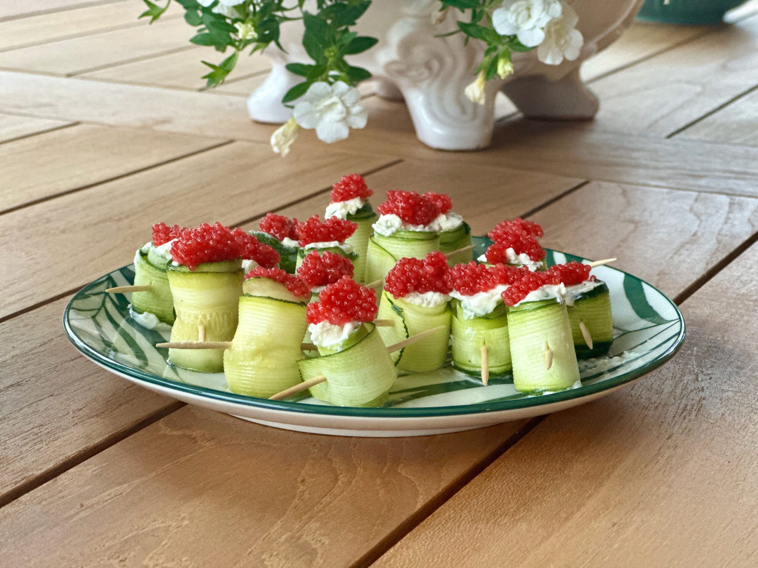 Zucchini rolls with goat cheese & lumpfish roe