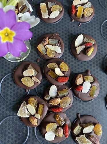 French Chocolate Mendiants (disks with fruit and nuts)