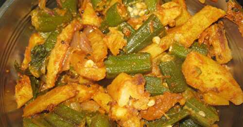 Aloo Bhindi Combo Dry Curry - Potato Lady's finger Recipe - Urullai Vendai Varuval- Side dish for Chappathis