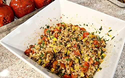 FARRO SALAD WITH HEIRLOOM TOMATOES, HERBS, ROASTED YELLOW SQUASH, & PISTACHIOS